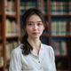 伦理学研究员林晓雯，女性，学者气质，温柔眼神，米白色上衣，图书馆背景