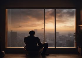暖色调咨询室内，一个男性背影坐在窗边沉思，窗外是模糊的城市轮廓，象征对朋友的妻子感情困境的独处与自我反思